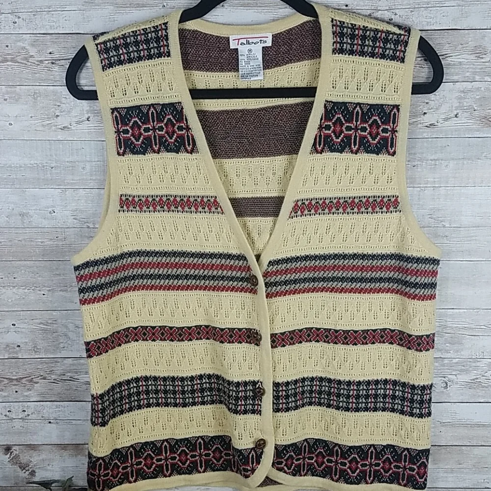 Talbots, Black, creme and red sweater vest, Sz M - Picture 5 of 9